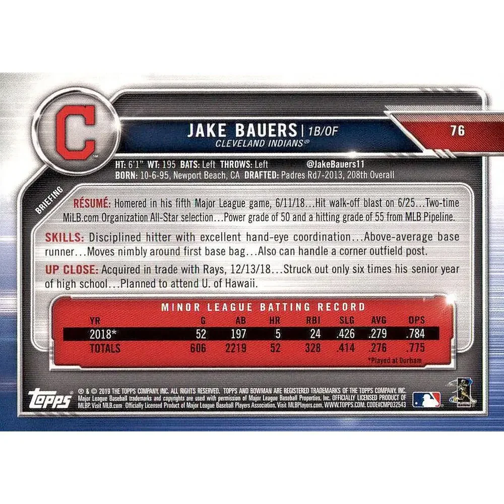 2019 Bowman Jake Bauers RC #76 Cleveland Indians